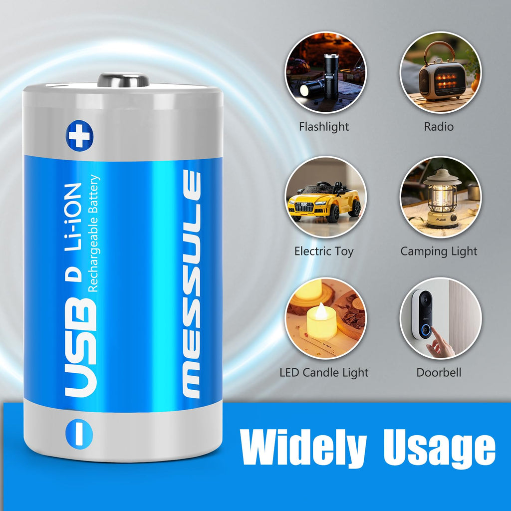 Rechargeable Lithium D Batteries with 4 in 1 USB-C Charge Cable