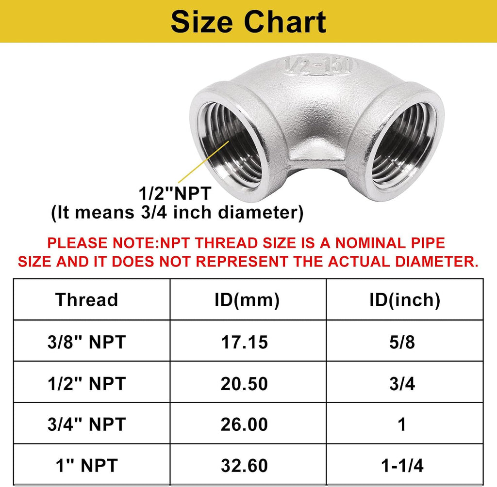 2Pcs 304 Stainless Steel 90 Degree Elbow 1/2" NPT Female x 1/2" NPT Female Threaded Pipe Fitting