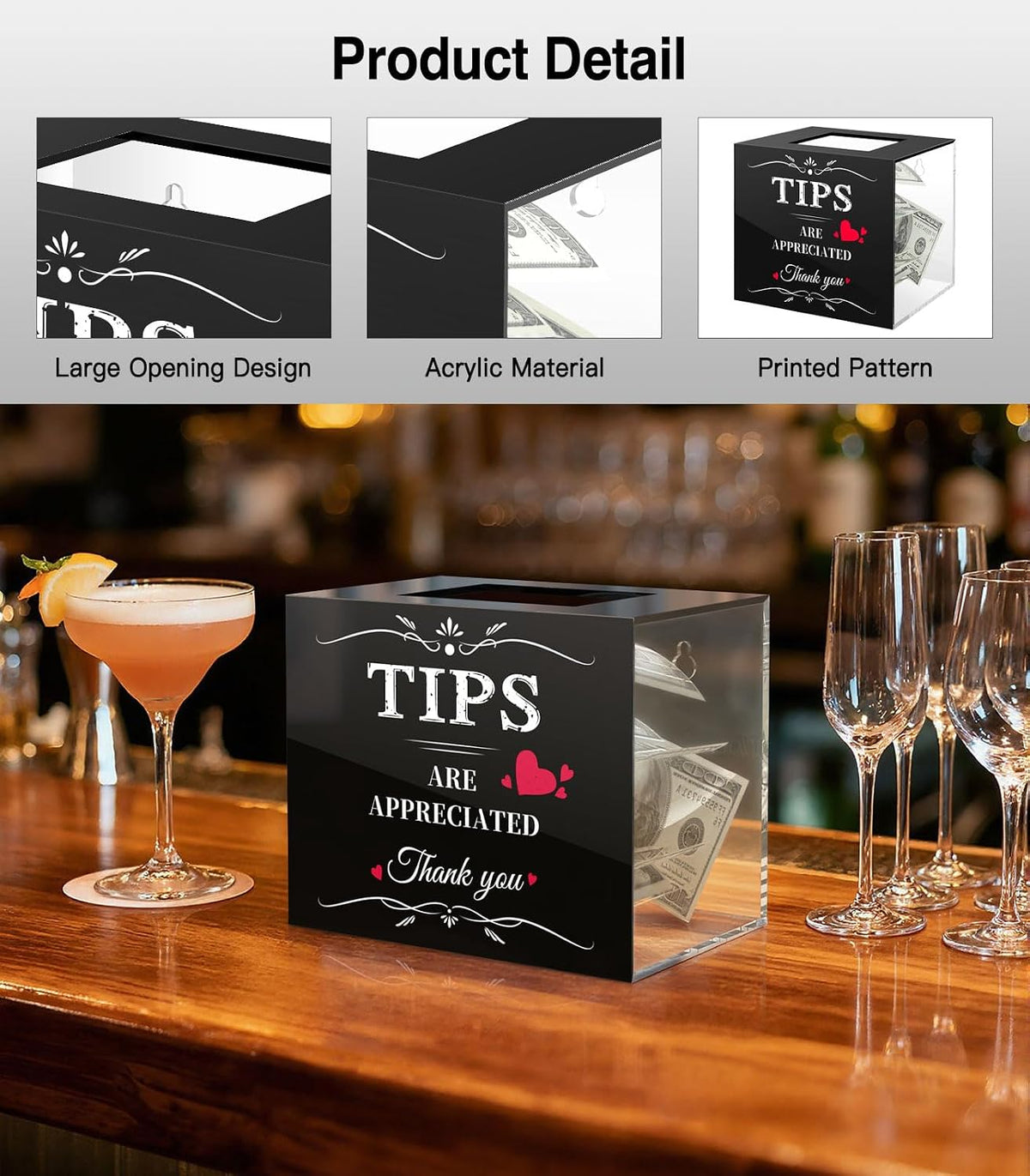 Acrylic Tip Jar, Wall-Mounted, 6 x 4 x 5 Inch, Black & Clear