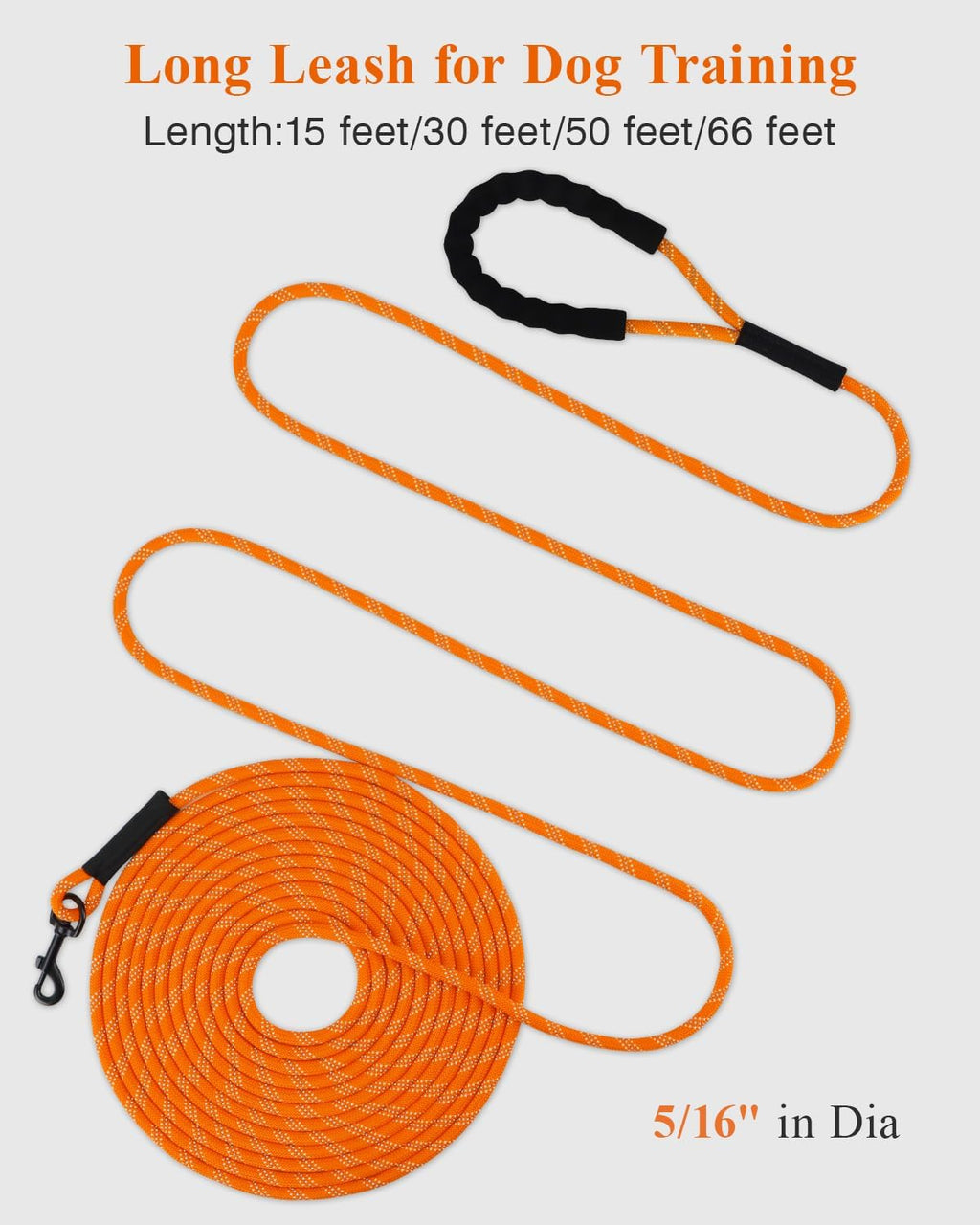 Long Dog Leash, 15FT 30FT 50FT 66FT, Training and Recall Leash with Comfortable Padded Handle for Large Medium Small