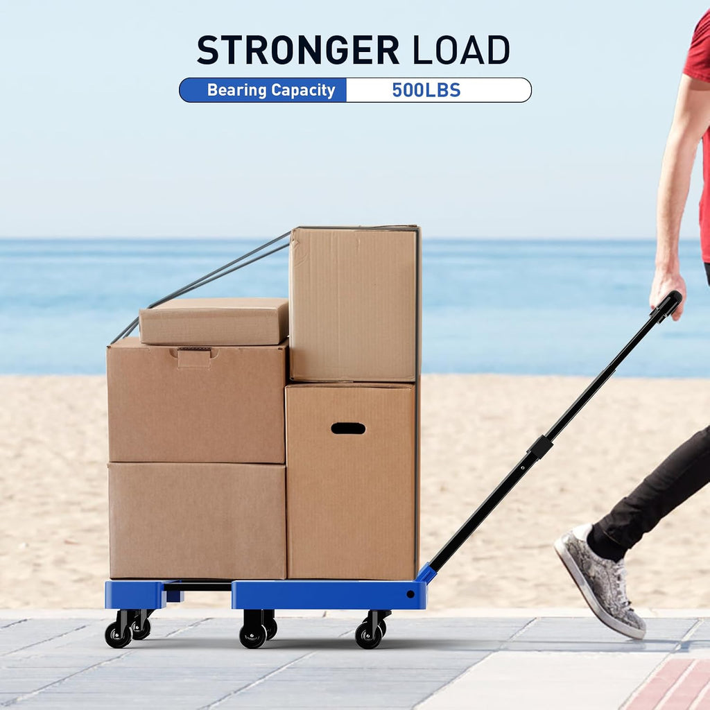 Folding Hand Truck, 500 LB Capacity Luggage Cart, Portable Folding Dolly with 6 Wheels and 2 Elastic Ropes for