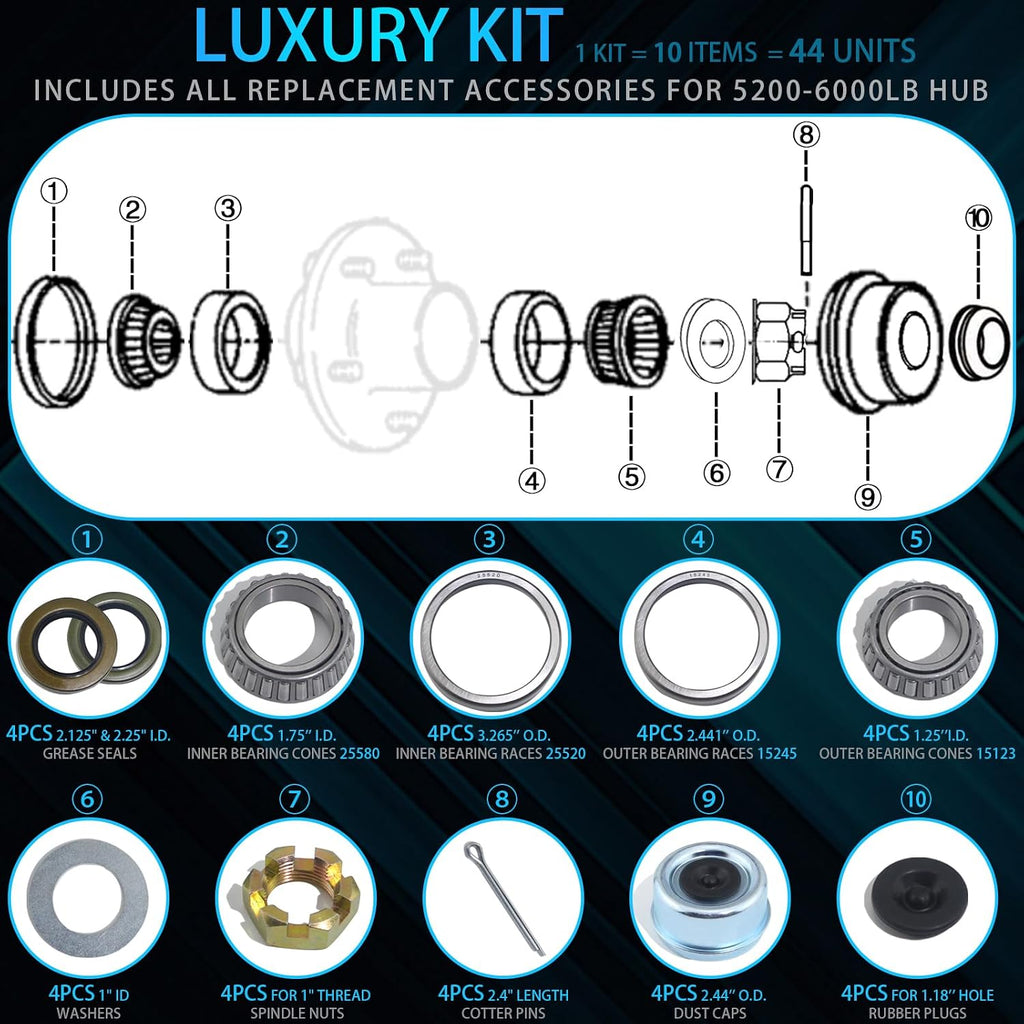 4Sets 5200-6000 lb LB Boat Trailer Axle 25580 15123 Bearing Kits