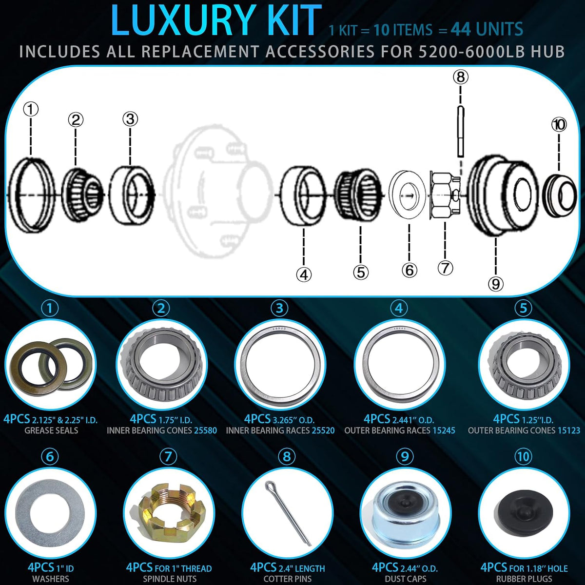 4Sets 5200-6000 lb LB Boat Trailer Axle 25580 15123 Bearing Kits