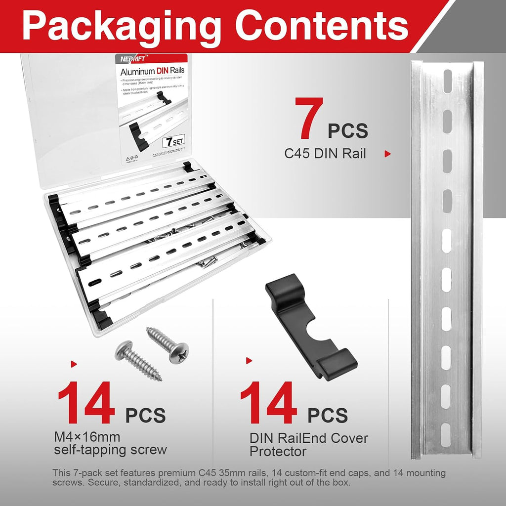 7PCS Aluminum DIN Rail, 200mm x 35mm x 7.5mm Slotted