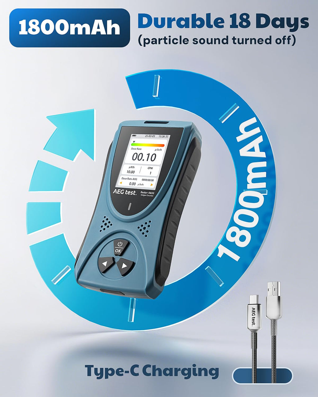 Radiation Detector AEGTEST Radar-5633 Portable Nuclear Radiation Detector with LCD Screen, Rechargeable Dosimeter for