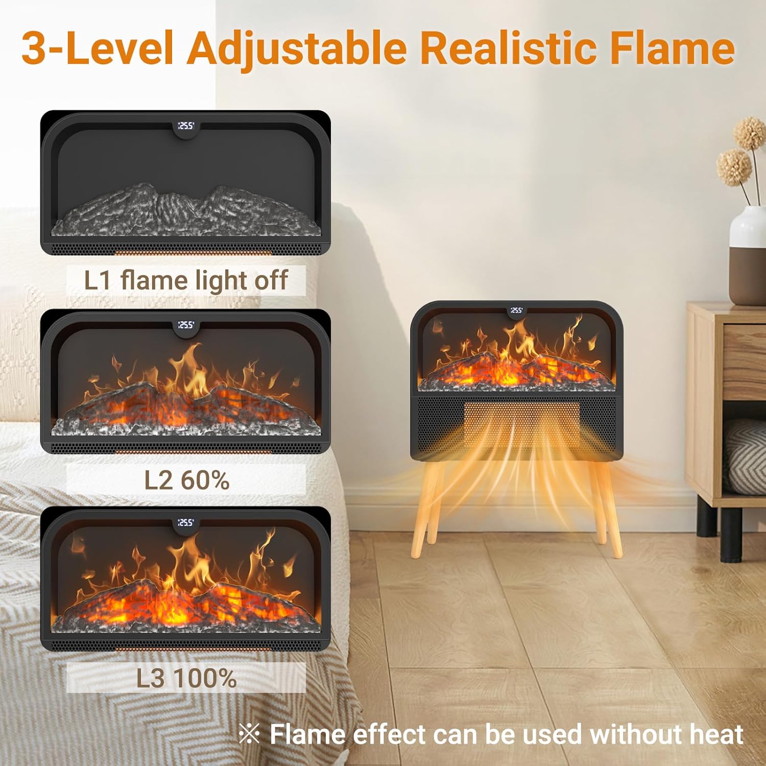 Electric Fireplace Heater, Ultra-Thin Electric Fireplace Stove with Realistic Flame & Solid Wood Stand, 17" Portable
