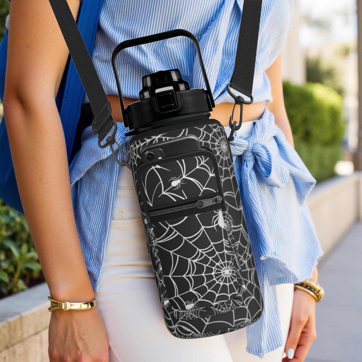 Halloween Spider Web Half Gallon Water Bottle with Sleeve, 64 OZ | Flip Top & Bpa Free Water Jug, Time Marker