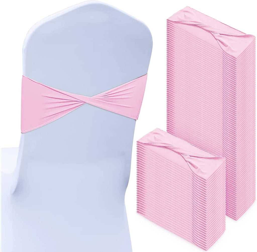 100 Pcs Spandex Chair Sashes Wedding Stretch Bands, Pink