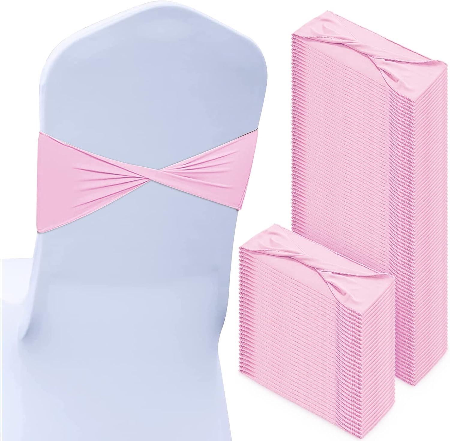 100 Pcs Spandex Chair Sashes Wedding Stretch Bands, Pink