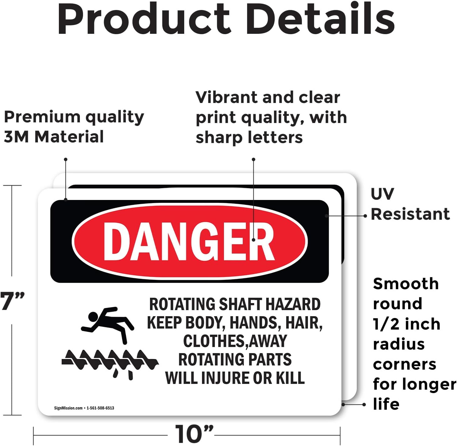 (2 Pack) Rotating Shaft Hazard Keep Body OSHA Danger Sign 10 Inch X 7 Inch Vinyl Label Decal Sticker Weather