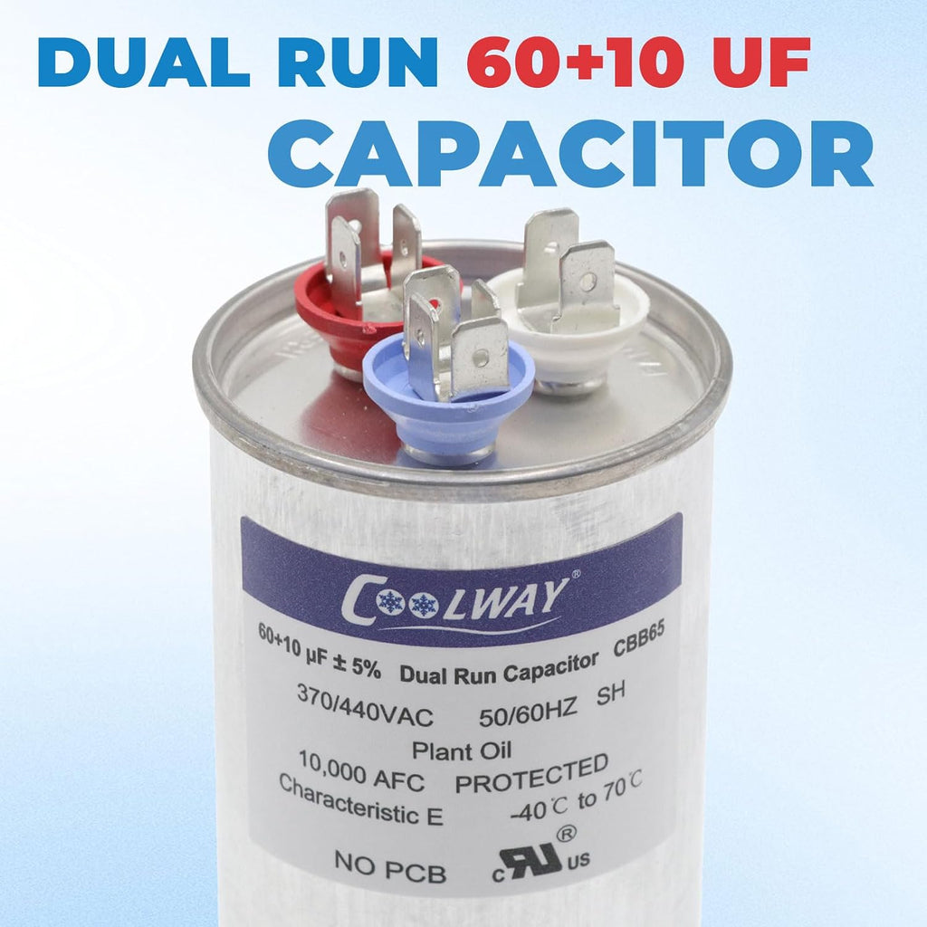 60/10 uF 60+10 MFD ±5% 370V or 440V Dual Run Start ac Capacitor for Motor Start or Heat Pump, Condenser, Pool Pump