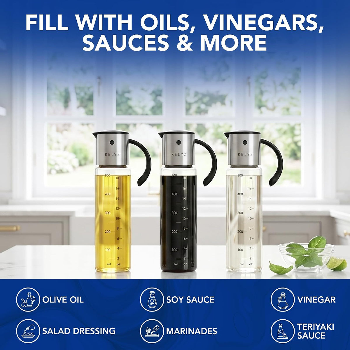 Large Glass Olive Oil Dispenser, Salad Dressing Container, Soy Sauce Bottle