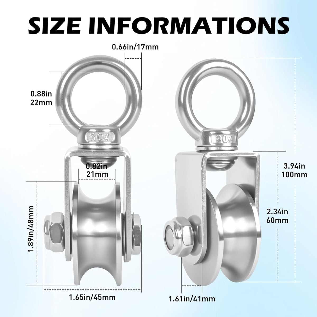 1 Pack 48mm U Groove Cable Pulley Wheel,304 Stainless Steel Swivel Pulley