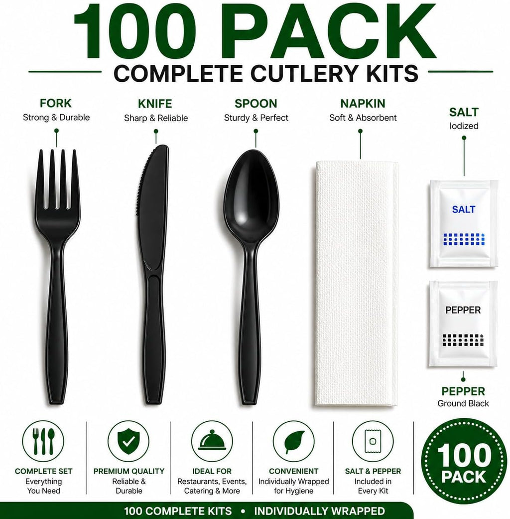 Pack Individually Wrapped Plastic Cutlery Set with Napkin, Salt and Pepper Packets Medium Weight Disposable