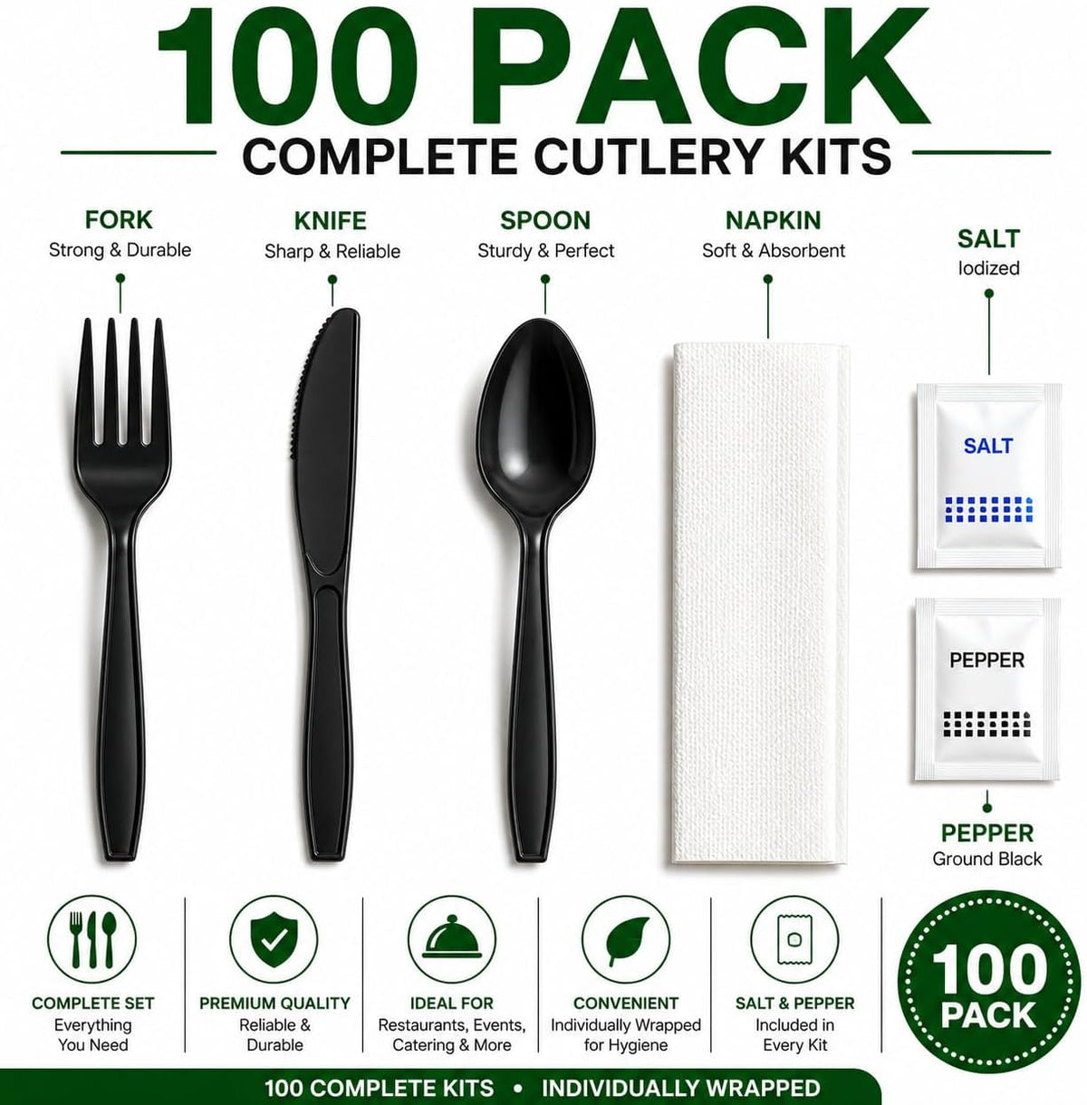 Pack Individually Wrapped Plastic Cutlery Set with Napkin, Salt and Pepper Packets Medium Weight Disposable