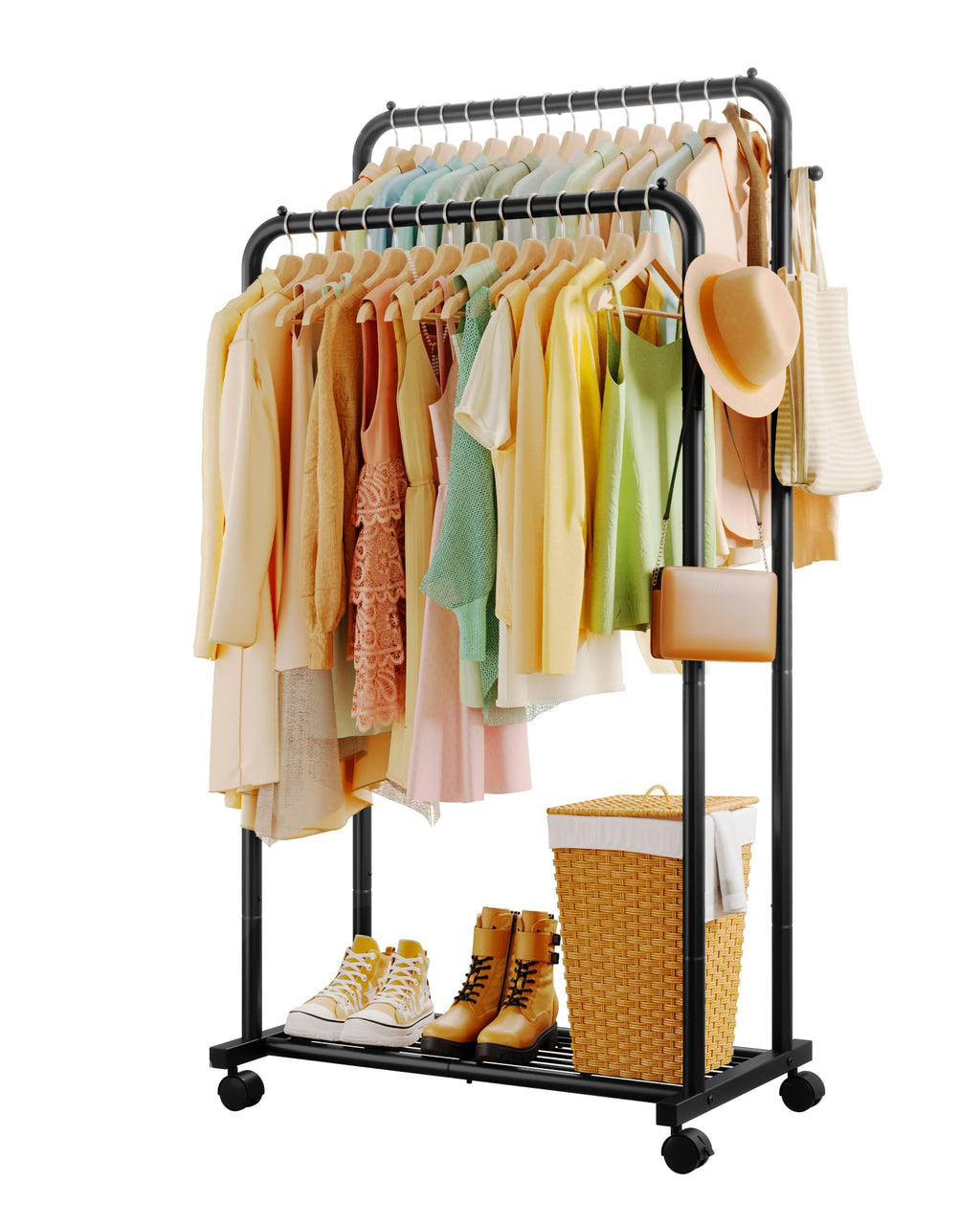 Double Rod Clothes Rack Mesh Shelf & Hooks, 28.7x16.5x59.1, Black