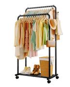 Double Rod Clothes Rack Mesh Shelf & Hooks, 28.7x16.5x59.1, Black