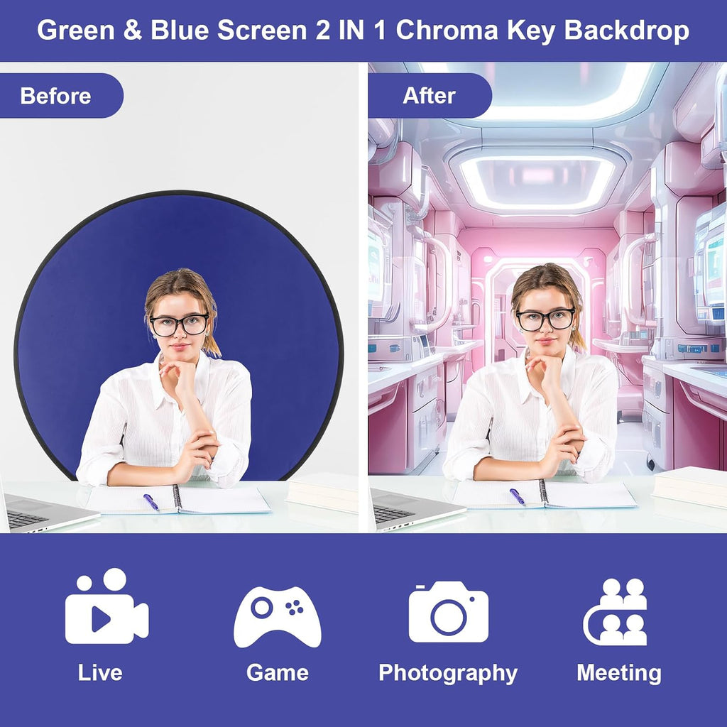 1 Pc Blue Screen Backdrop 43 in / 110 cm Diameter Foldable Portable Photography Background Green Screen Chroma Key