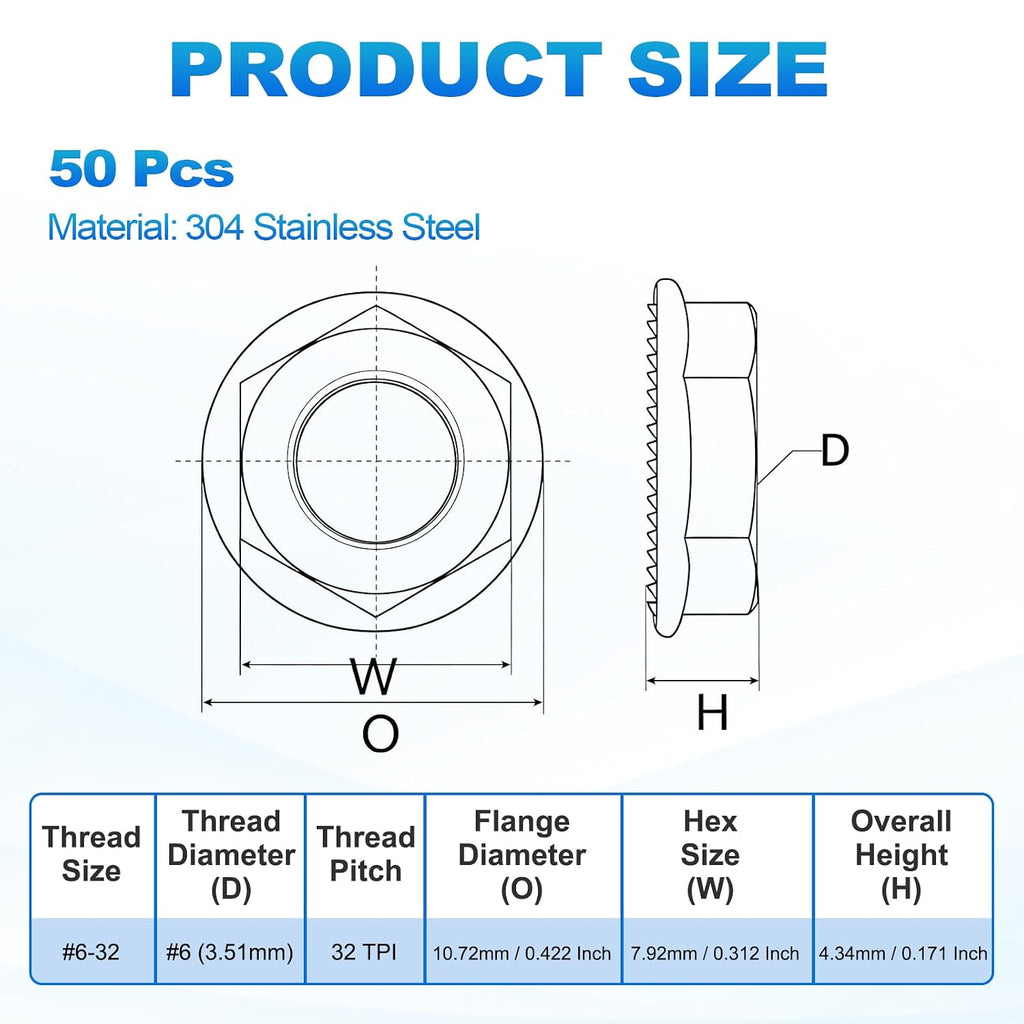 50Pcs Serrated Flange Hex Nuts-#6-32-UNC 304 SS