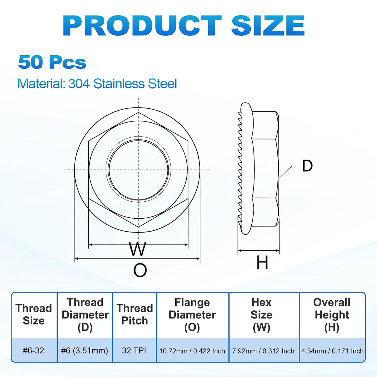 50Pcs Serrated Flange Hex Nuts-#6-32-UNC 304 SS