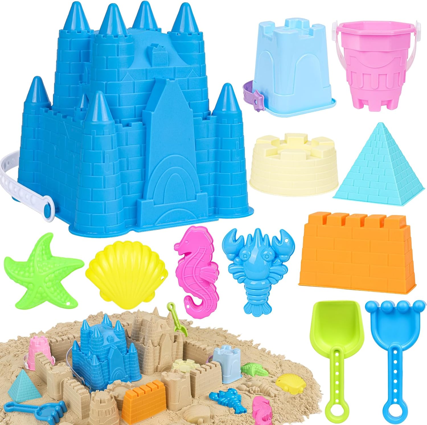 Beach Toys with Castle Bucket, Sand Molds for Kids Ages 3-12 | 2 Mini Bucket, Shovel and Rake for Sand Castle Play