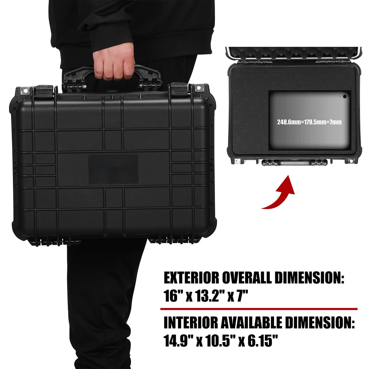 16" Waterproof Plastic Toolbox with Foam Insert, 16" x 13.2" x 7", IP67 Lockable Storage Box, Customizable Foam
