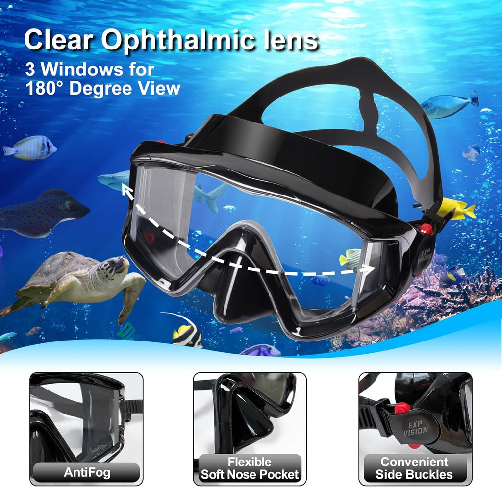 Snorkel Set Pano 3 Window Adult Snorkeling Gear, Professional Snorkel Goggles Anti-Fog Diving Mask, Anti-Leak Swim