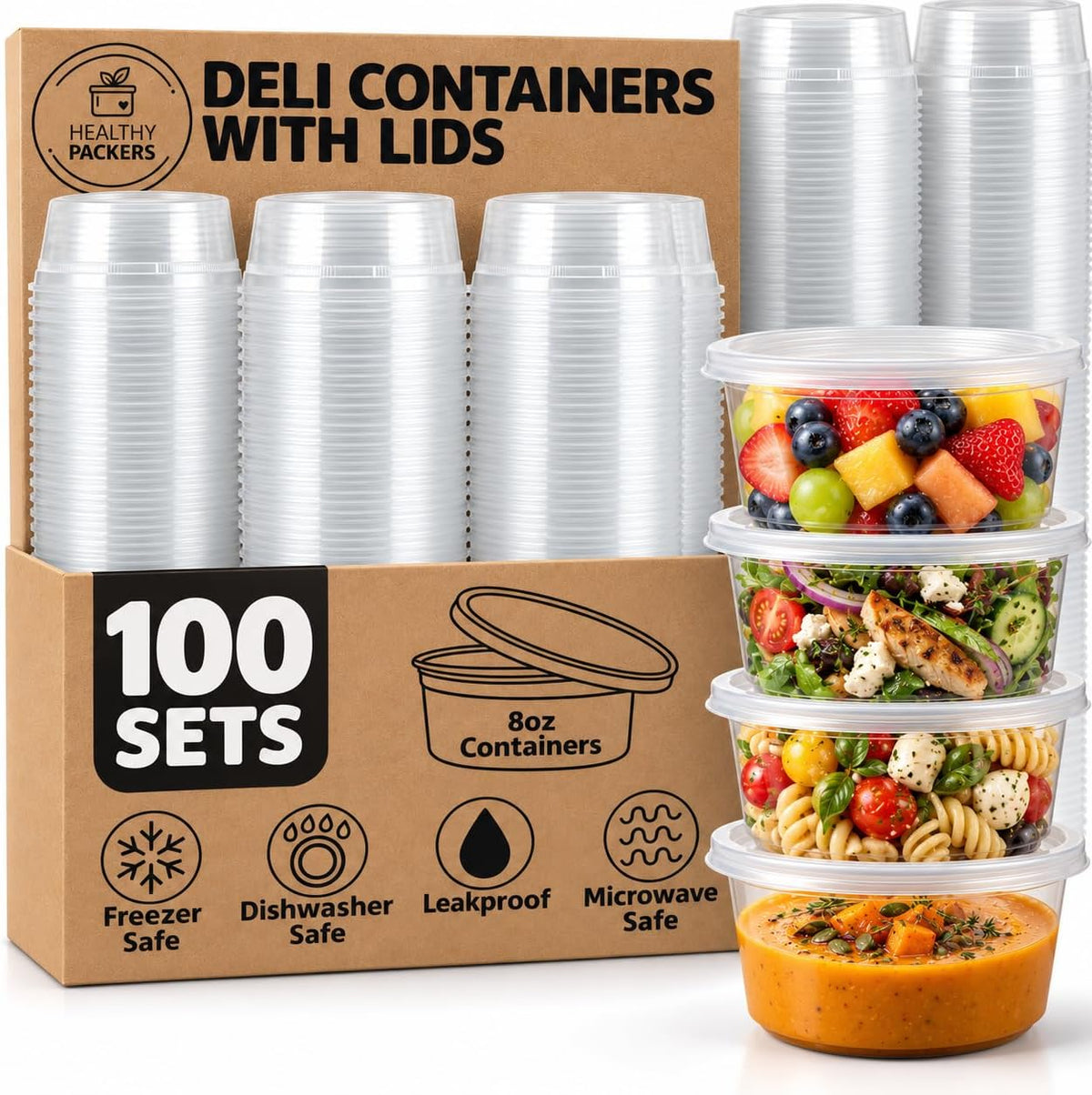 8oz Deli Containers with Lids, Food Storage, 100pk BPA-Free
