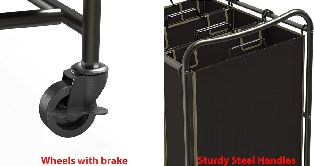 Heavy Duty 3-Bag Laundry Sorter Rolling Cart, Bronze | Removable Bags and Lockable Wheels for Laundry Room Organization