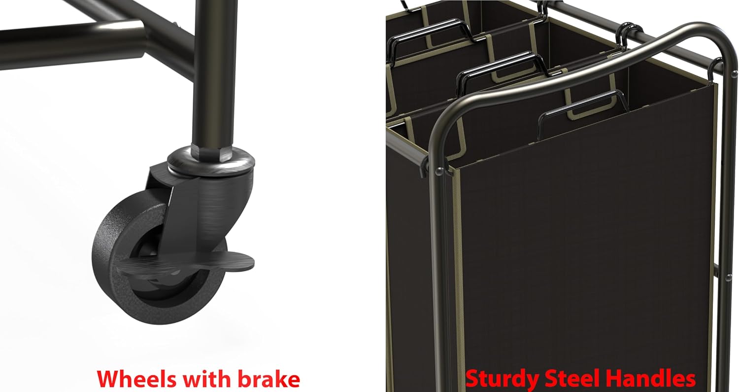 Heavy Duty 3-Bag Laundry Sorter Rolling Cart, Bronze | Removable Bags and Lockable Wheels for Laundry Room Organization
