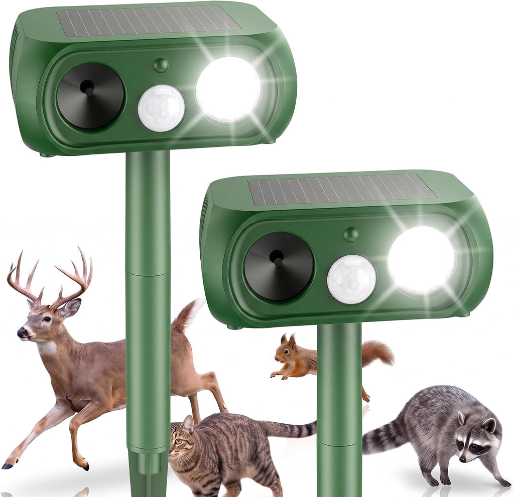 Solar Ultrasonic Animal Repellent Outdoor, 2 Pack Deer Repellent Devices | PIR Motion Sensor, 4 Modes, White Flashing