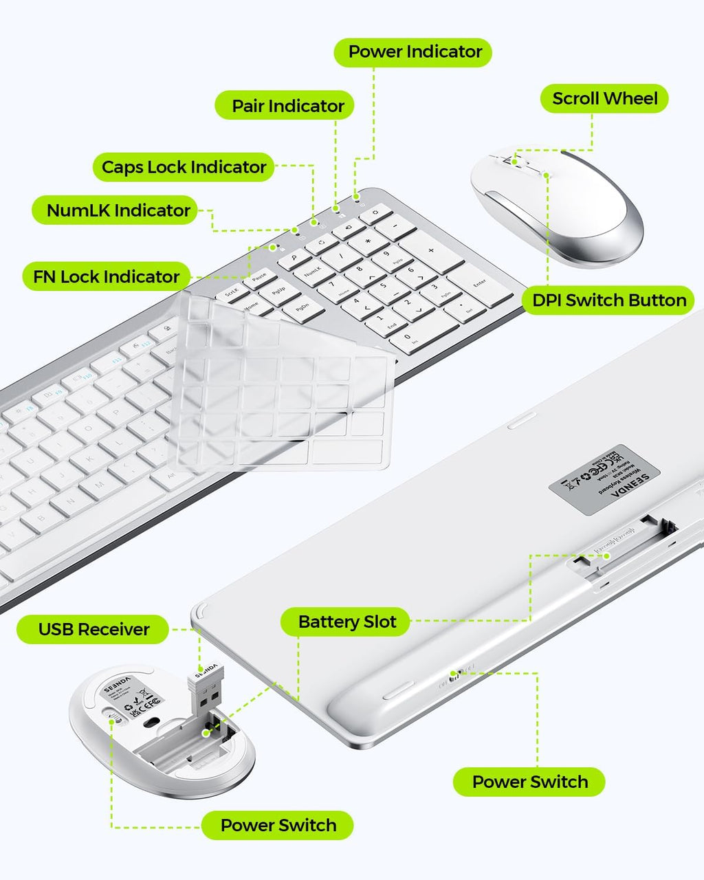 Wireless Keyboard and Mouse Combo, Slim Full-Size Design | Quiet typing and mouse clicks, 2.4G USB receiver, and
