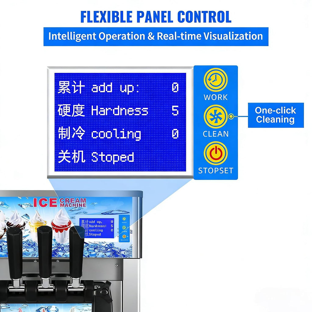 Soft Serve Ice Cream Machine, 18L/H Soft Serve Machine, 1200W Countertop Soft Ice Cream Maker with 3 Flavors LCD