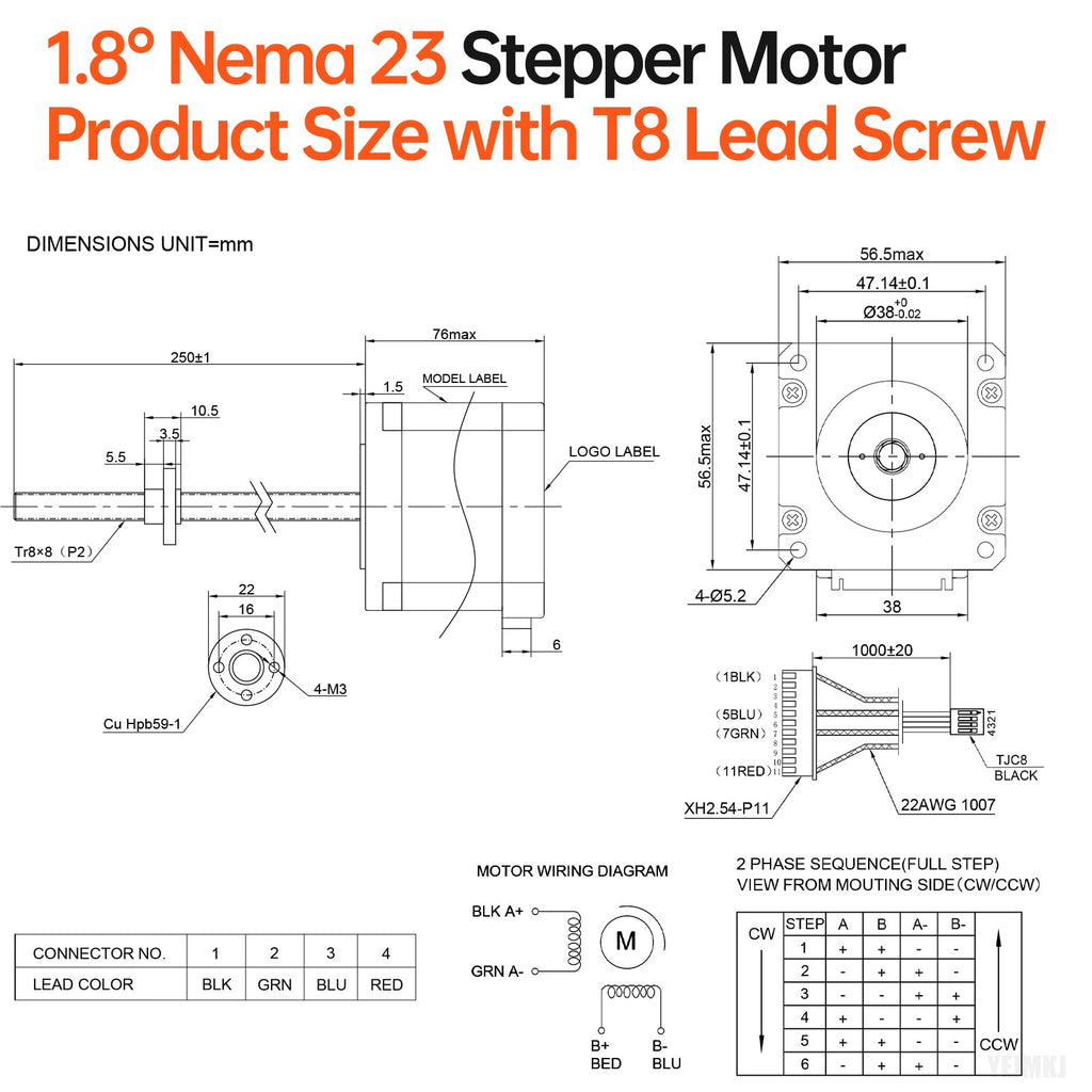 YEJMKJ Nema 23 Stepper Motor TR8x8 250mm with T8 Lead Screw 57x76mm 1.8Nm