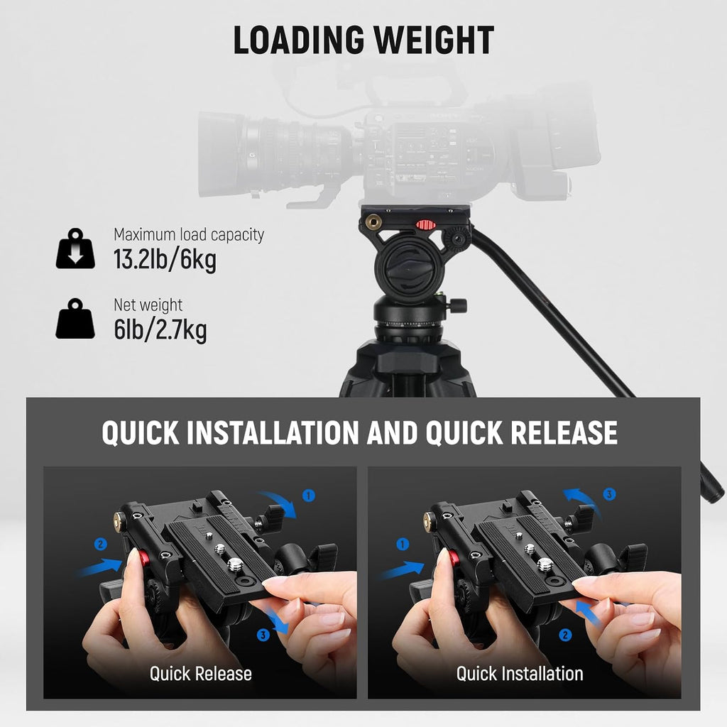 Video Tripod with Fluid Head, Heavy Duty Aluminum Compact Portable Camera Tripod Stand for DSLR Camcorder Compatible