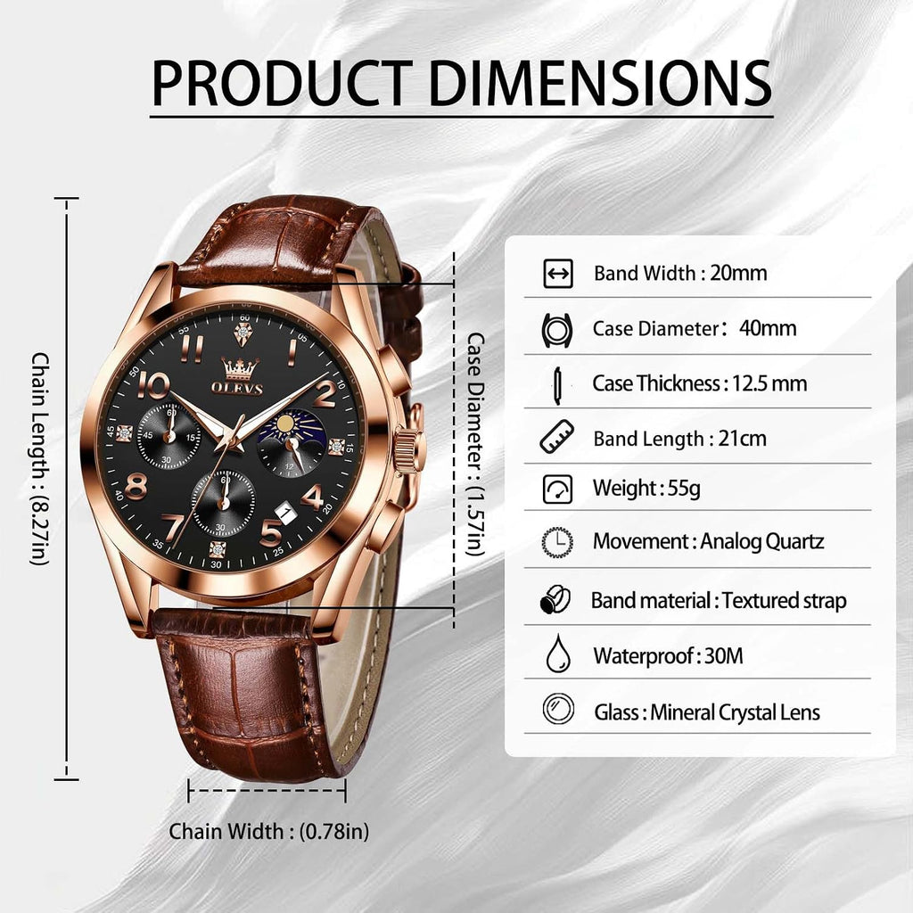 Men's Watches Brown Leather with Date,Casual Watches for Men,Large Face Watches Men,Chronograph Mens Watch,Sport