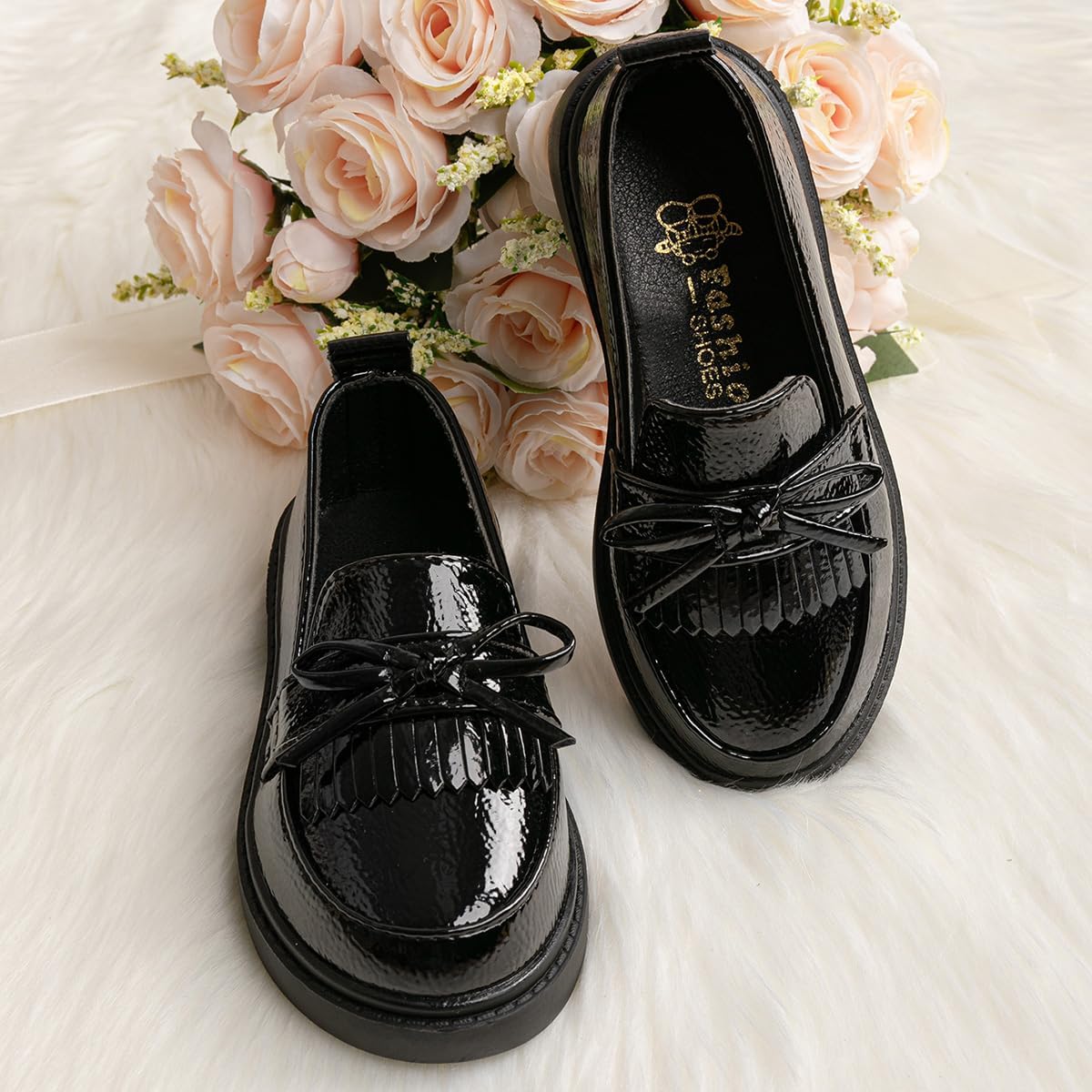 Toddler Girls Black Dress Shoes Little Girl Patent Leather Loafers School Uniform Wedding Mary Jane Tassel Bow Flats
