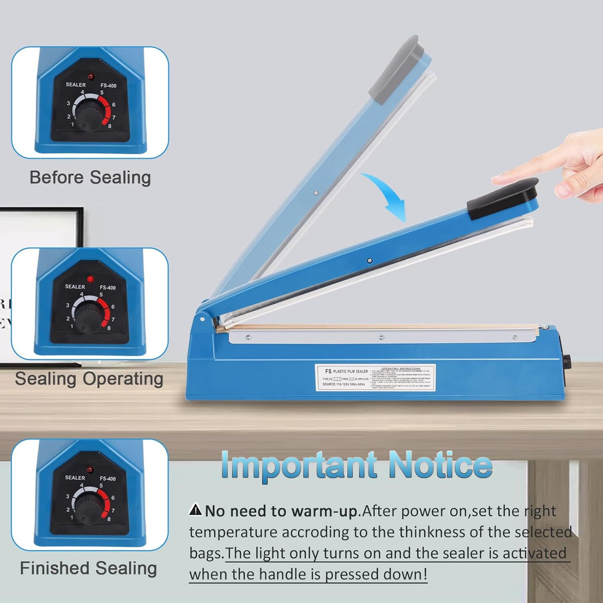 16 Inch Impulse Heat Sealer Machine with Extra Replace Element Grip, Blue