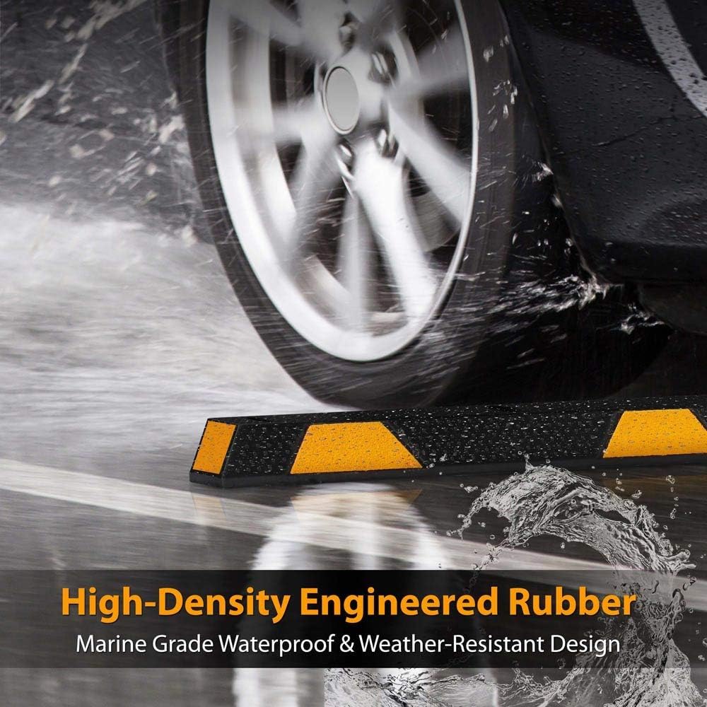 Heavy Duty Wheel Stop Garage Parking Aid for Cars & Trucks - Rubber Parking Curb with Reflective Safety Strips