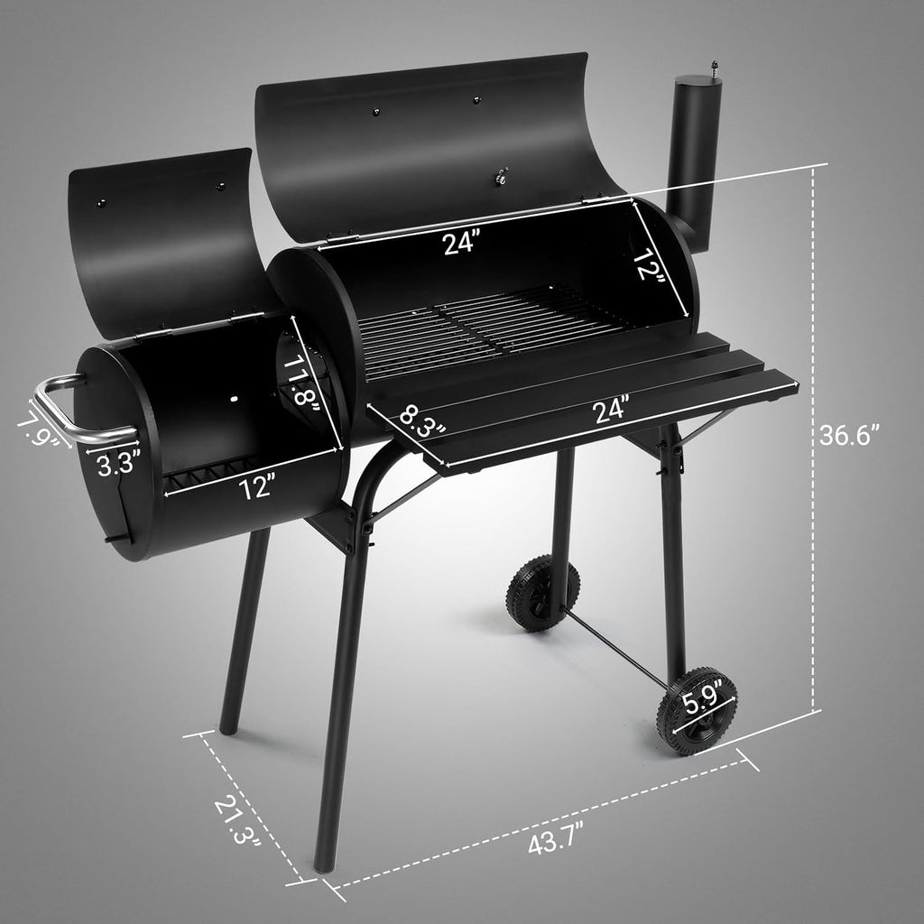 Barrel Charcoal Grill with Offset Smoker, Large BBQ Outdoor Smoker Grill with Wheels for Party Garden Patio and