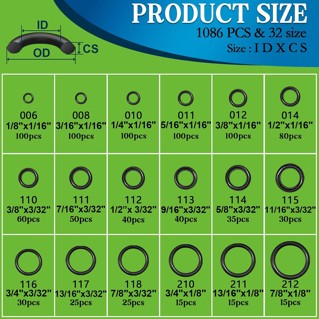 ZDBB 1086 Pcs SAE Standard O Ring Kit Nitrile Rubber O-Rings Assortment