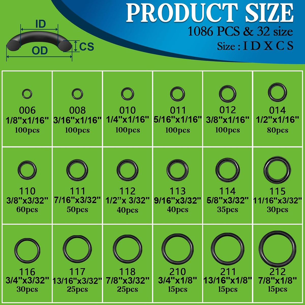 ZDBB 1086 Pcs SAE Standard O Ring Kit Nitrile Rubber O-Rings Assortment