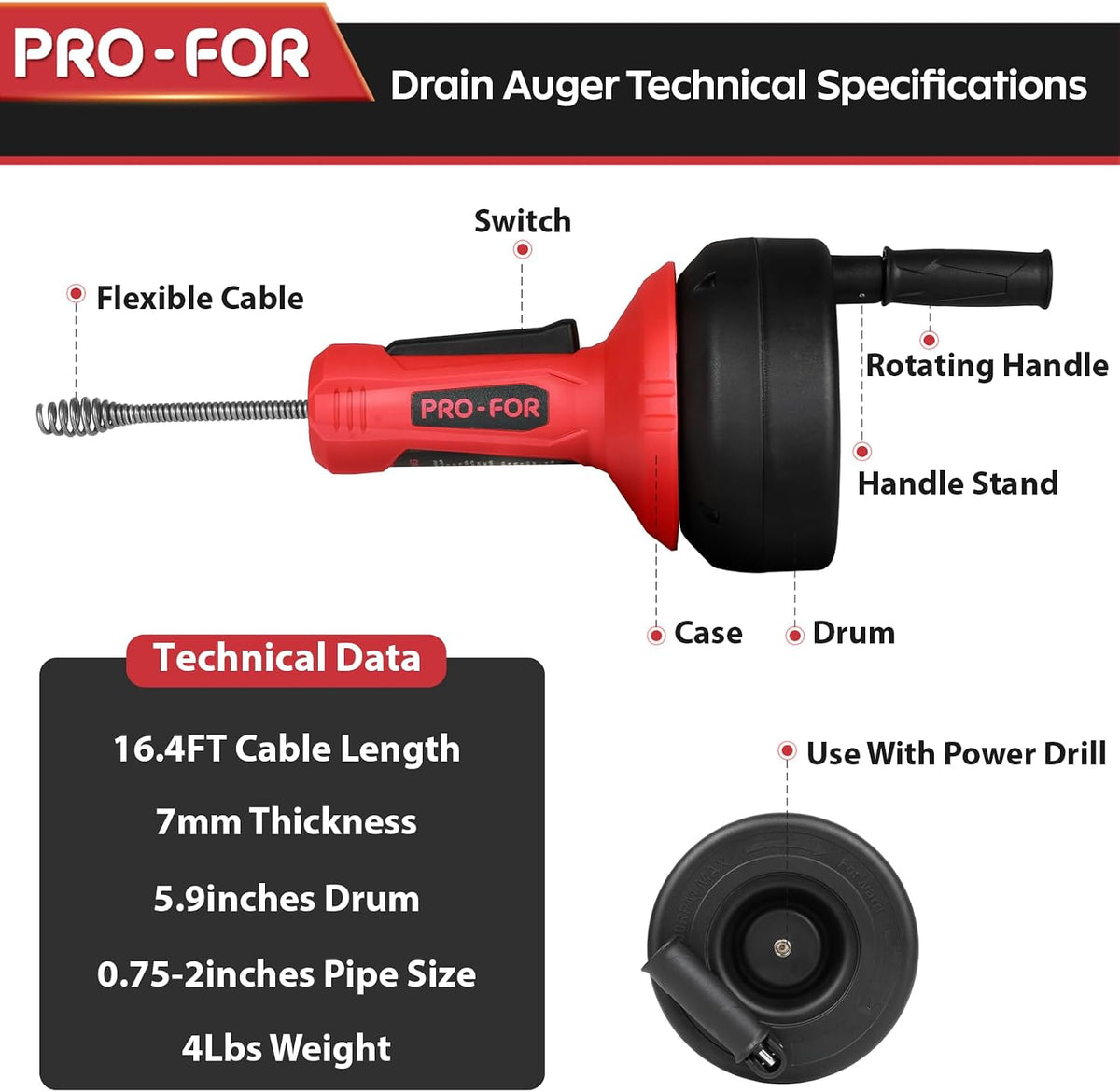 Drain Auger, 16.4FT Plumbing Snake Drain Clog Remover, Manual & Drill Powered Drain Snake for 0.75–2 Inch Pipes