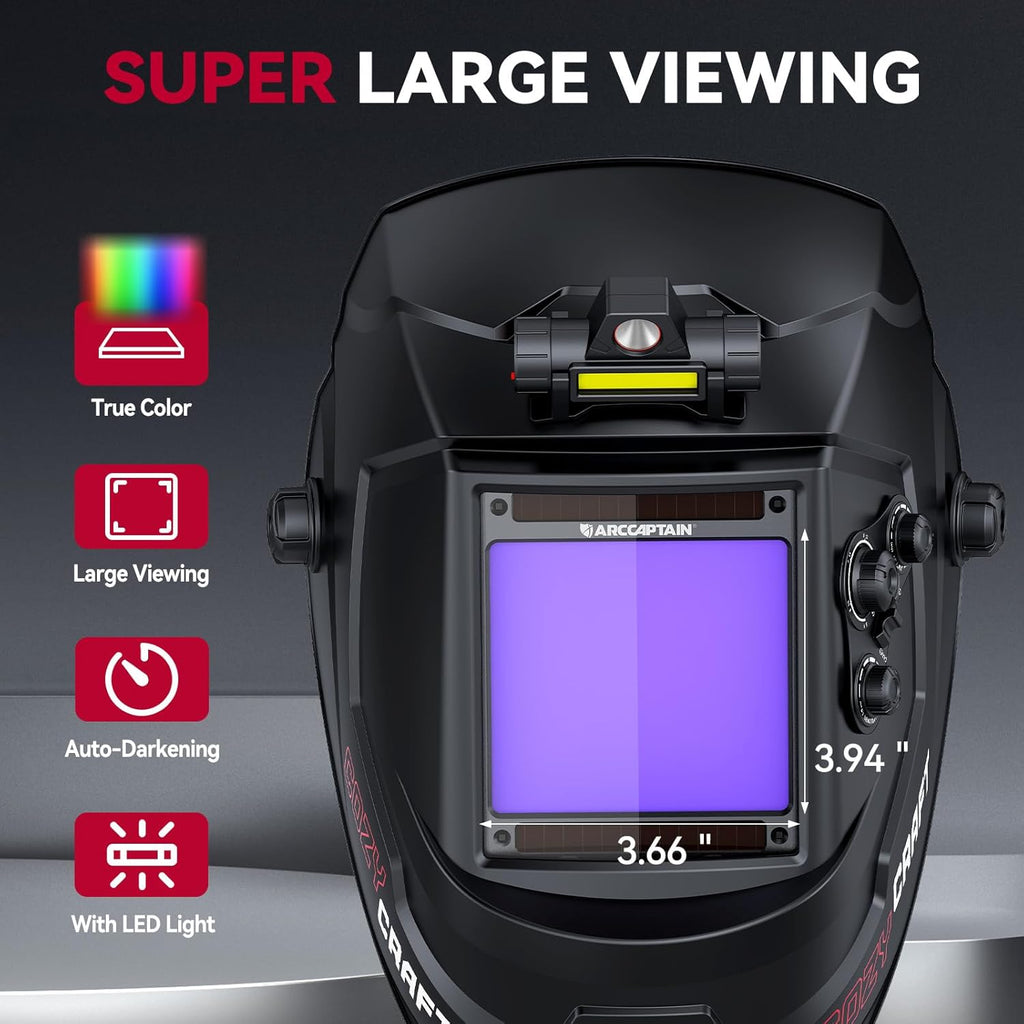Auto Darkening Welding Helmet with Light, 3.94"X3.66" Large View | True Color 1/1/1/1 Welding Hood, 1/25000s