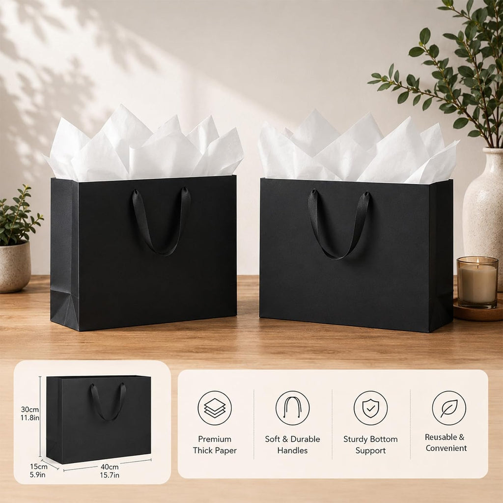 10 PCS Extra Large Black Gift Bags with Handle 16x6x12in
