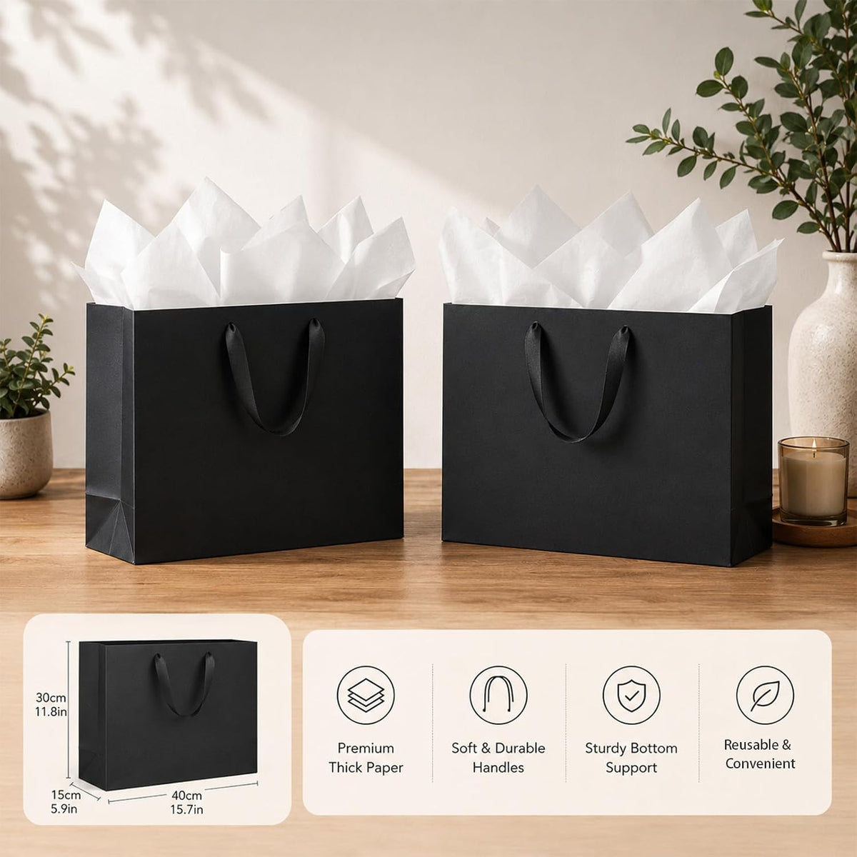 10 PCS Extra Large Black Gift Bags with Handle 16x6x12in