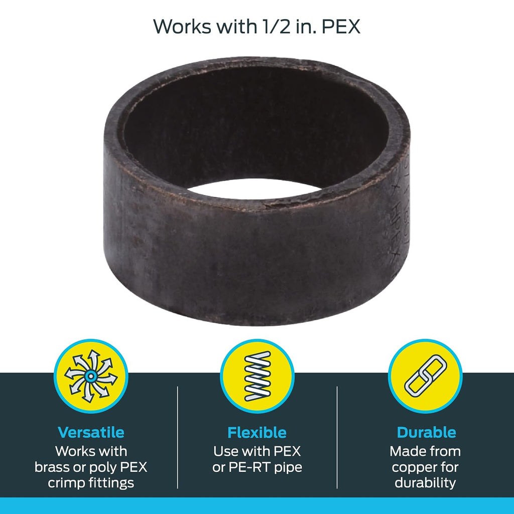 SharkBite 1/2 Inch Copper Crimp Rings, Pack of 100, PEX Pipe, PE-RT, 23102CP100