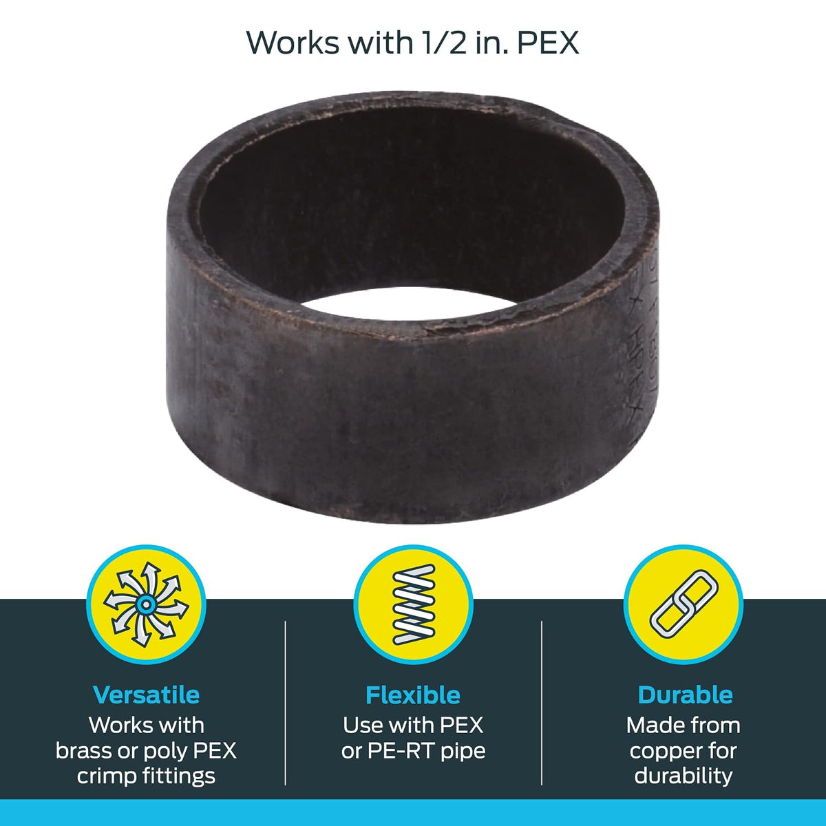 SharkBite 1/2 Inch Copper Crimp Rings, Pack of 100, PEX Pipe, PE-RT, 23102CP100