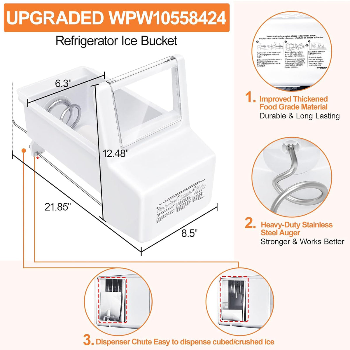 Upgraded WPW10558424 Refrigerator Ice Bucket for Whirlpool Ice Bucket Replacement W10558424 WRS321SDHZ08 Parts Replacement Ice Maker Whirlpool Ice Bin WRS321SDHZ05 WRS321SDHZ01 Ice Tray Container