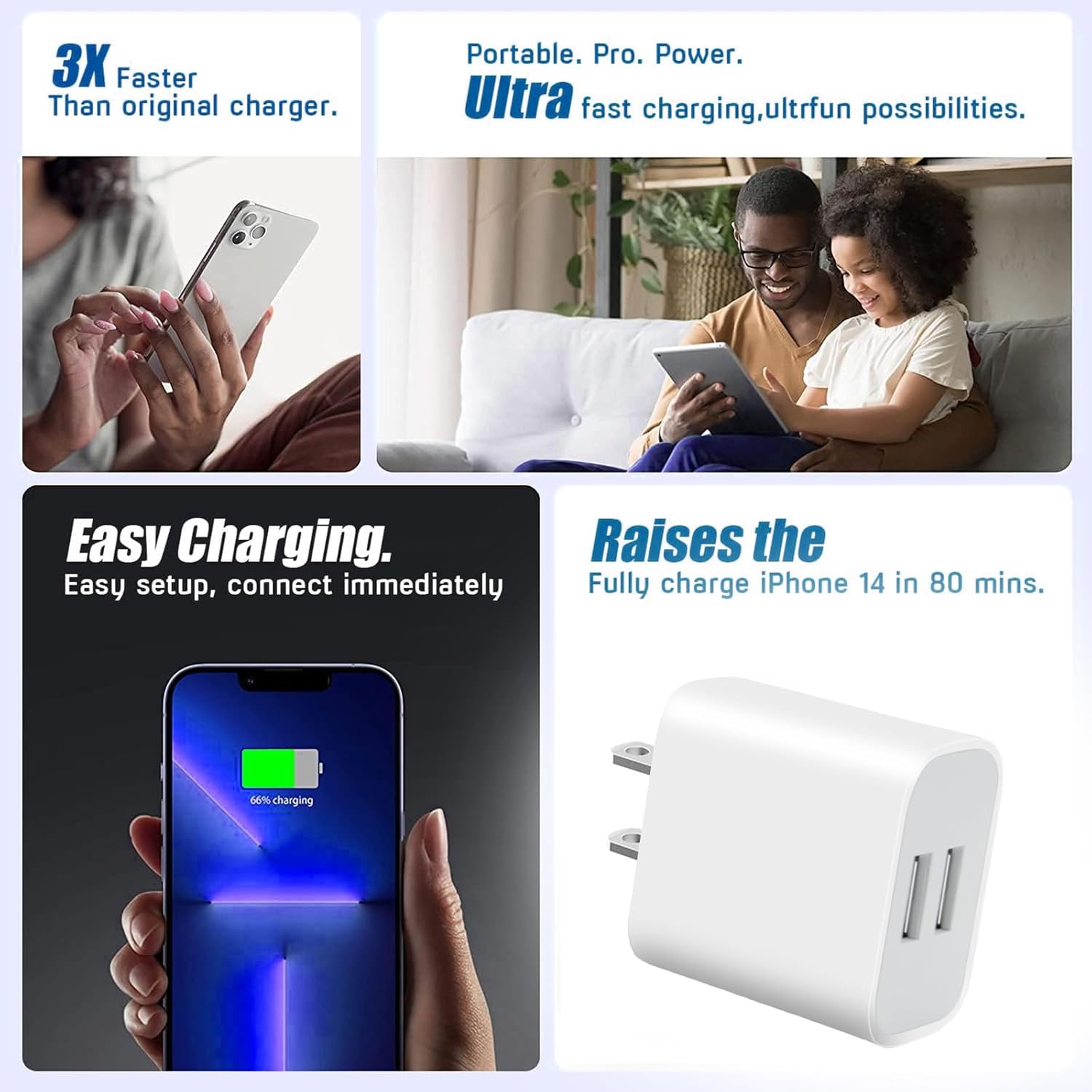 USB Wall Charger,4 Pack Dual Port Plug Adapter for Wall Outlet Charging Block, USB Power Adapter for iPhone